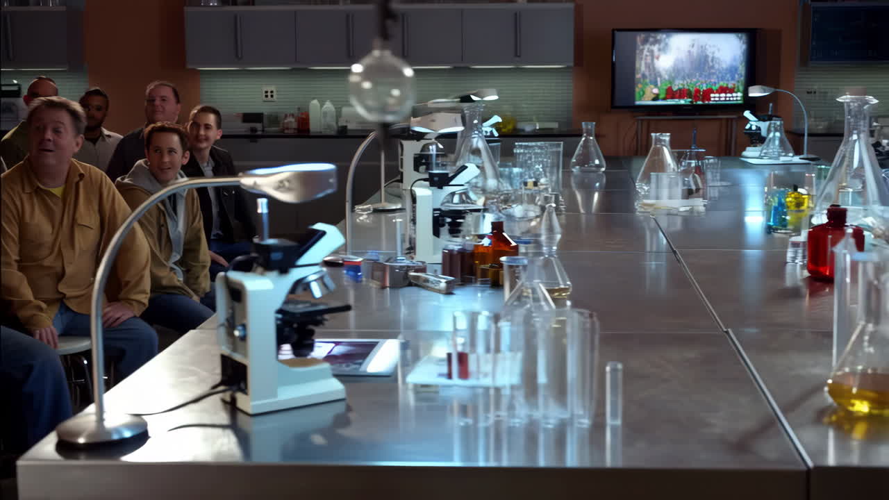 Group of people in a laboratory watching TV