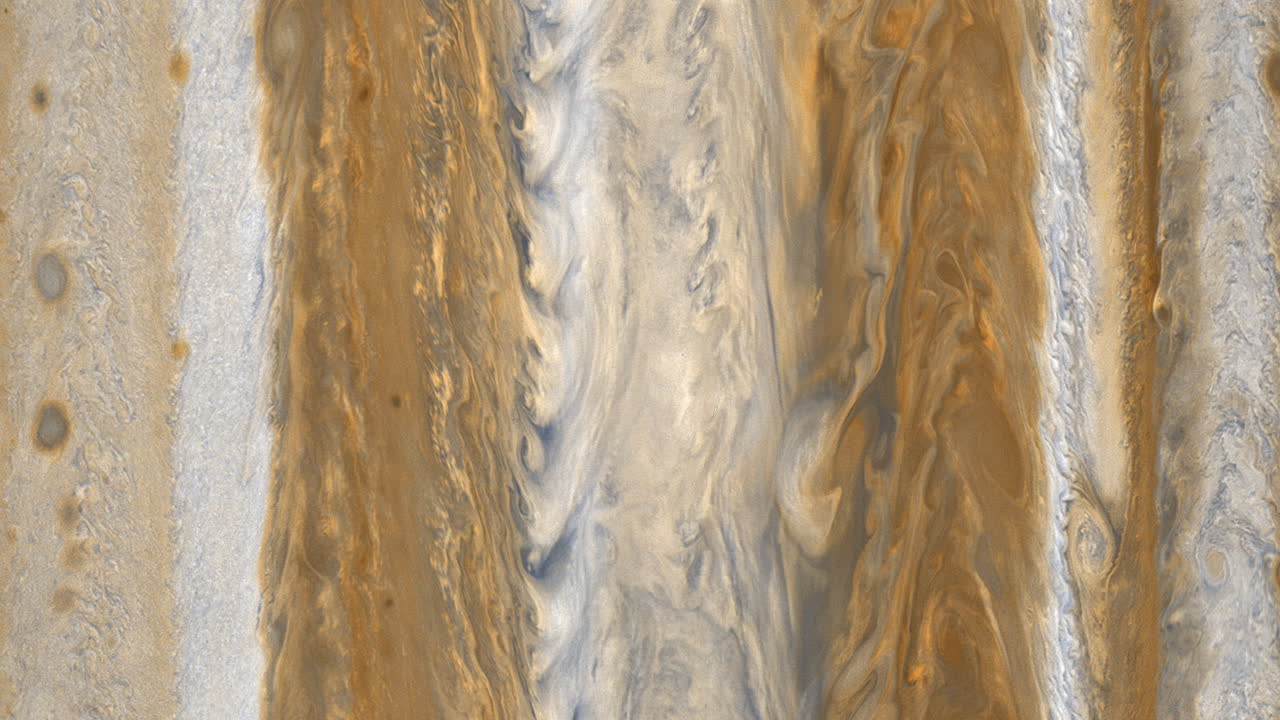 Surface of Planet Jupiter with Gases and Clouds Swirling like Liquid as Strong Winds and Storms Gather Beneath Largest World in Solar System. High Quality 3D Animation ProRes 4K.