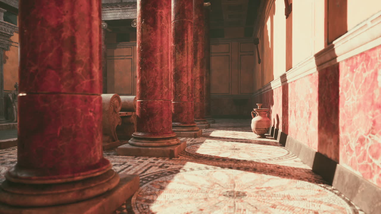 대리석 기둥과 복잡한 바닥으로 된 우아한 역사적인 인테리어