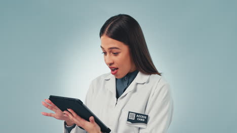 Tablet,-doctor-and-smile-with-a-science-woman