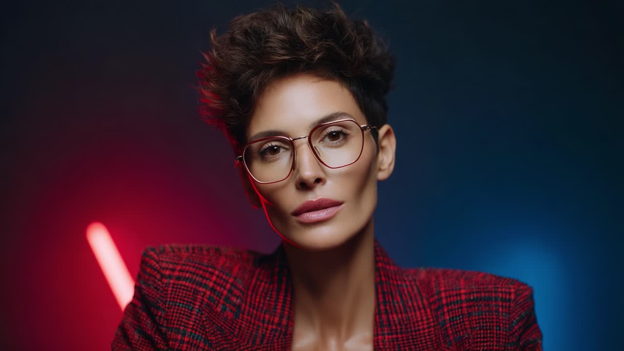 Stylish Portrait of a Confident Woman in Glasses with Short Curly Hair, Charismatic Expression, Set Against a Dramatic Blue and Red Lighting Background