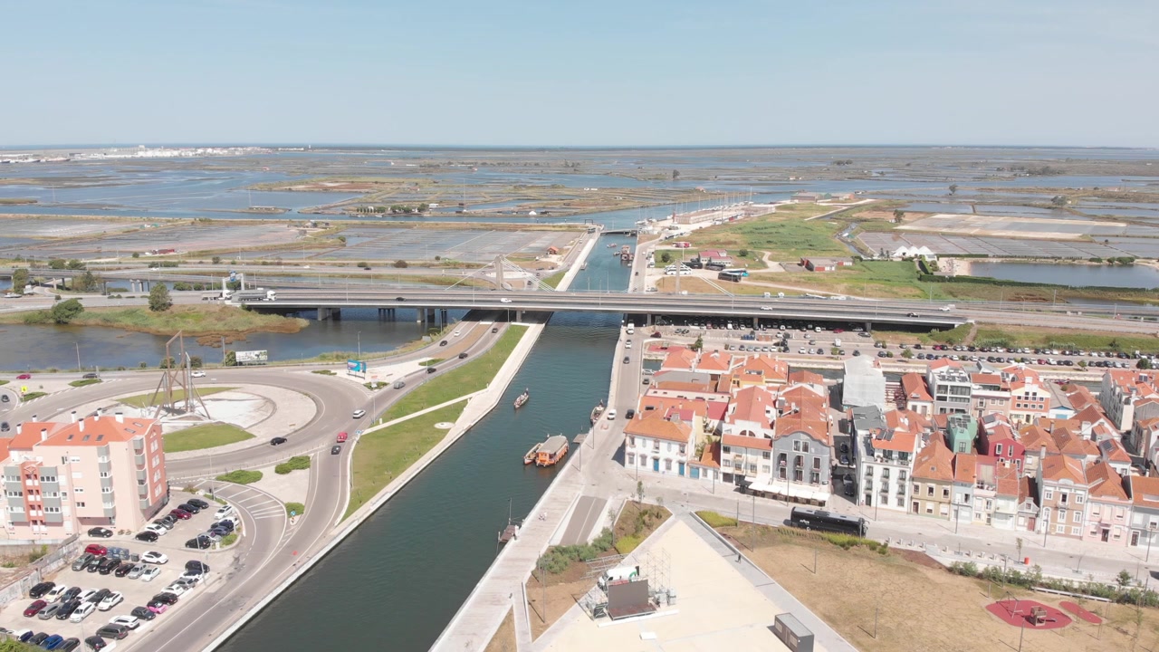 Ripresa aerea con drone del canale principale, delle saline, dei ponti stradali e ferroviari e del mare, Aveiro, Portogallo