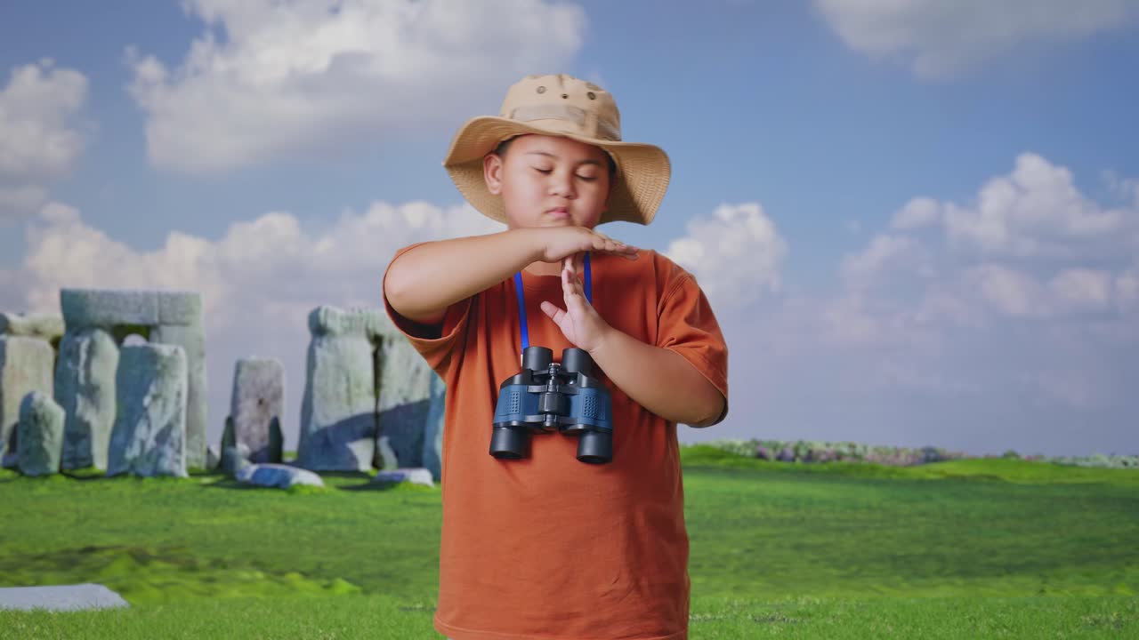 Asian Boy With A Hat And Binoculars Shaking Head Showing Time Out Gesture While Traveling In Stonehenge. Boy Researcher, Travel Tourism Adventure Concept