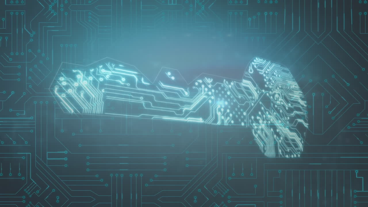 어두운 배경에 떠다니는 활성 회로 보드와 함께 반 ⁇ 이는 디지털 키