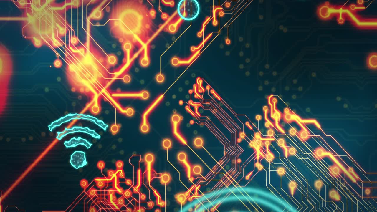 animación de una placa de circuitos informáticos con procesamiento de datos e iconos wifi digitales