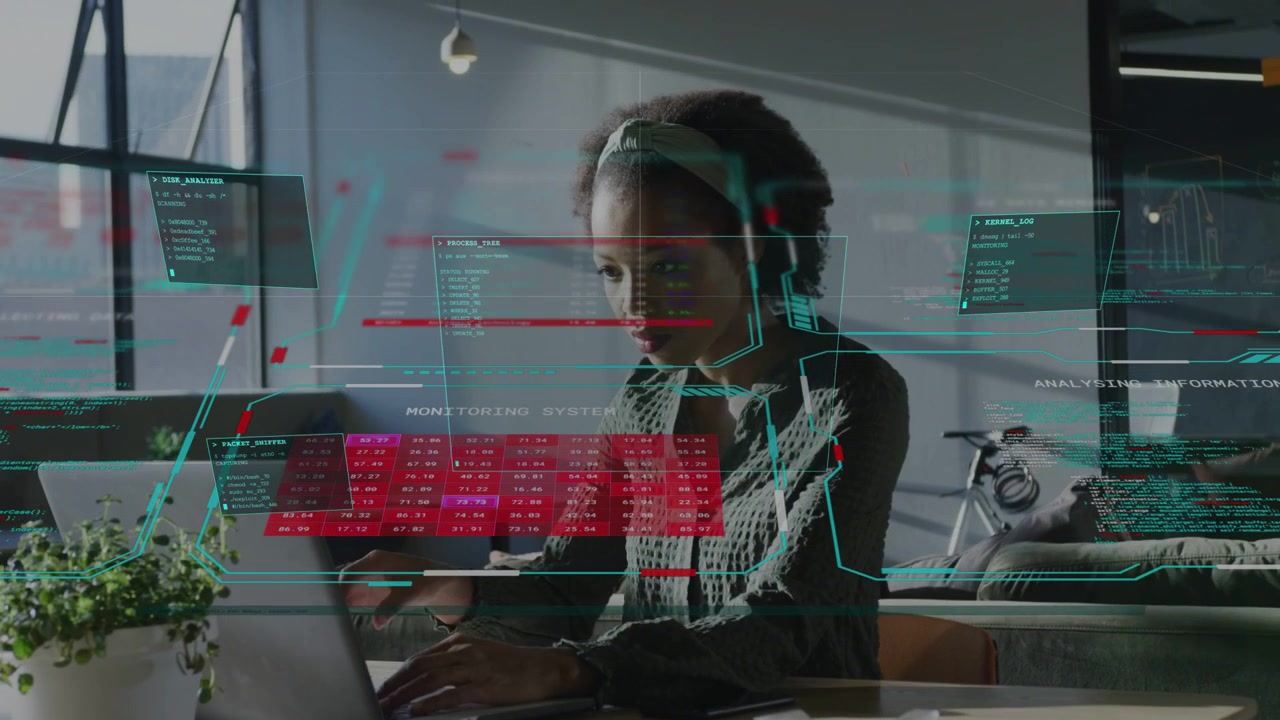 AR panels appearing, woman typing, leaning, adjusting hands while panels shifting for data review