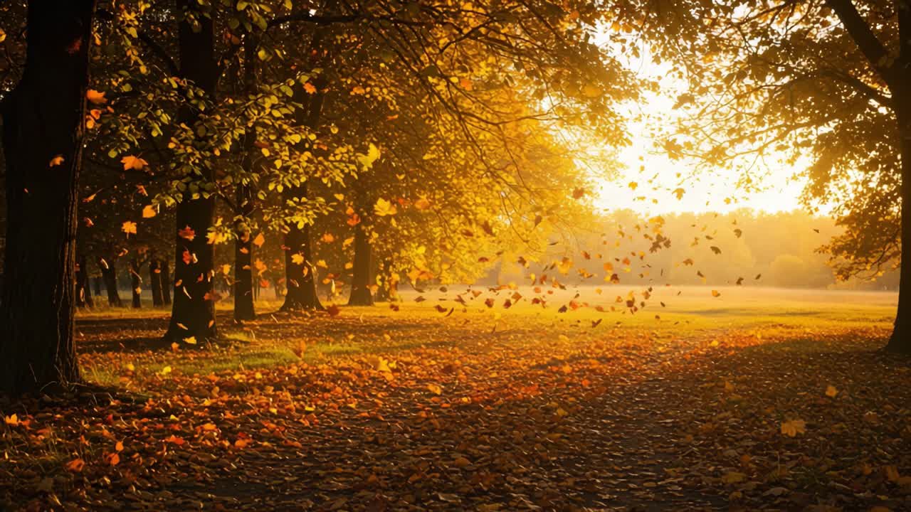A Serene Autumn Landscape with Golden Leaves and Soft Sunlight Filtering Through Trees, Creating a Tranquil Pathway in Nature's Embrace