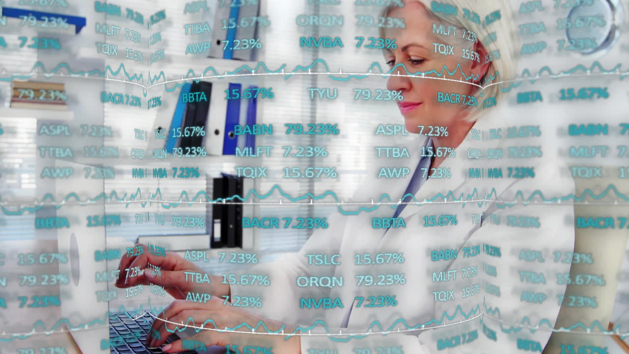 female doctor typing on laptop in medical office, displaying real-time finance charts and tickers