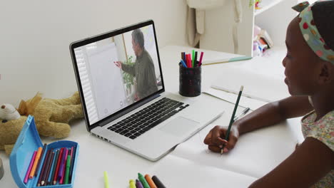african american girl having a video call on laptop while doing homework at home