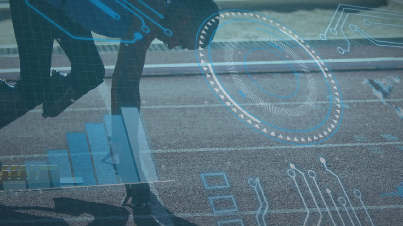 Animation of processing circle and digital screen over african american male with running blade