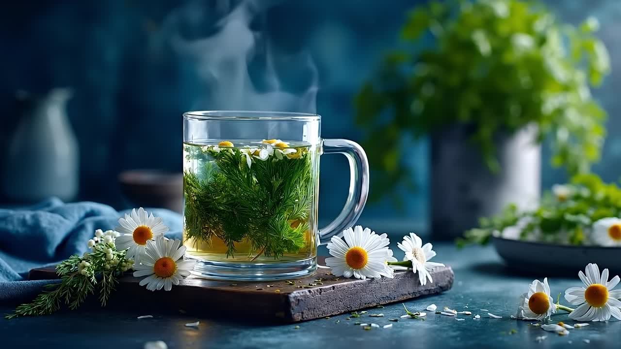 A glass mug filled with green tea and flowers on a table