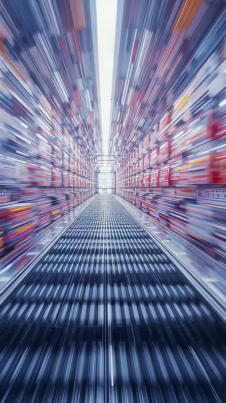 Vertical video: Gliding camera moving forward showing ribbed walkway in store aisle, revealing exit