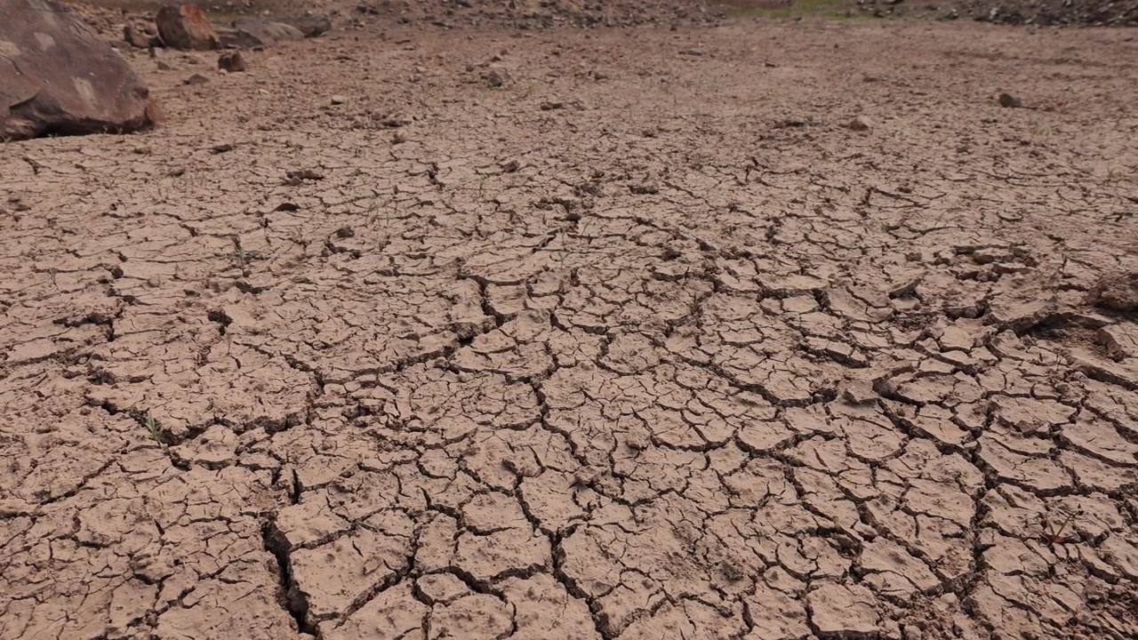 Scatto grandangolare di terreno umido profondamente crepato e inaridito sotto la luce solare intensa, che evidenzia una grave siccità durante l'ondata di calore in Europa. Impatto del cambiamento climatico El Niño