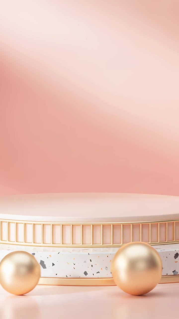 Vertical video: Shifting light bringing gold orbs rolling into studio, styling pedestal for product