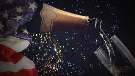 animación digital de champán vertiendo en vaso contra fuegos artificiales 4k