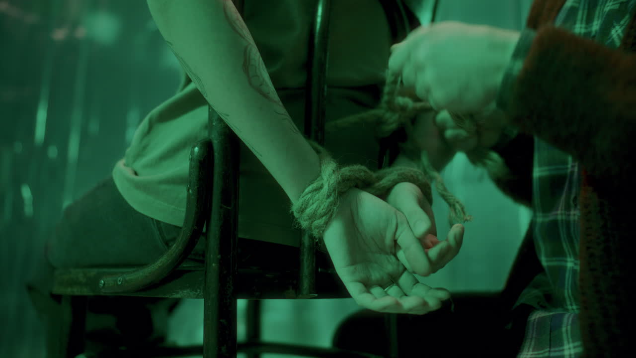 primer plano de un criminal atando las manos de las víctimas con una cuerda detrás de una silla