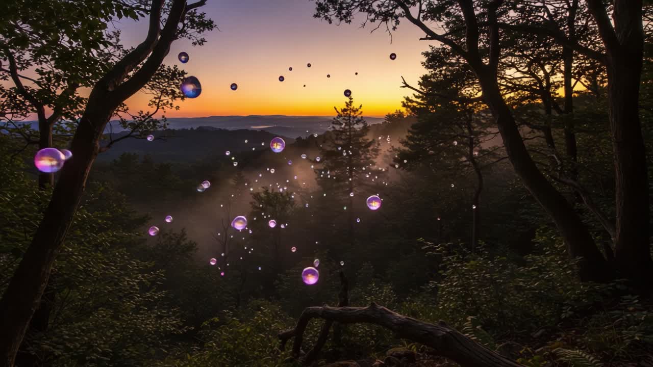 Magical Sunrise in a Misty Forest: Ethereal Bubbles Float Amongst the Trees as the First Light of Day Breaks, Creating a Breathtaking Natural Scene of Wonder and Beauty
