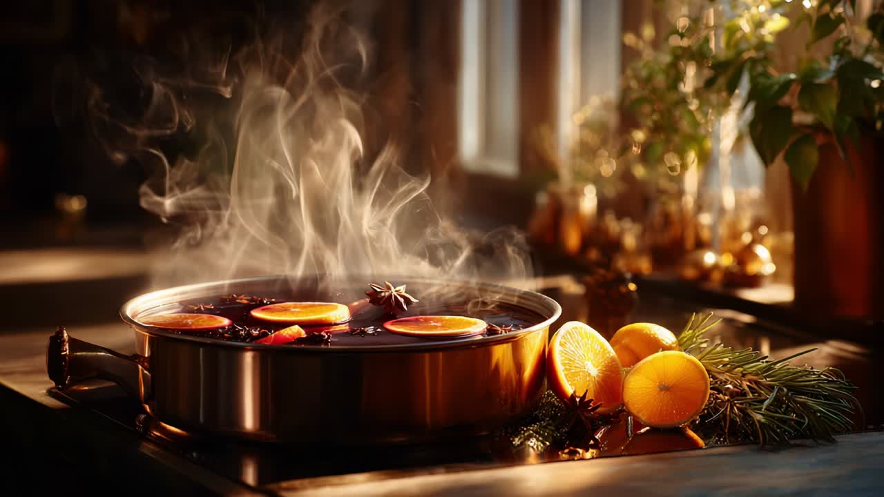 A beautifully crafted pot of simmering spiced beverage exuding aromatic steam, garnished with fresh orange slices and fragrant spices, set in a cozy kitchen environment filled with warm light