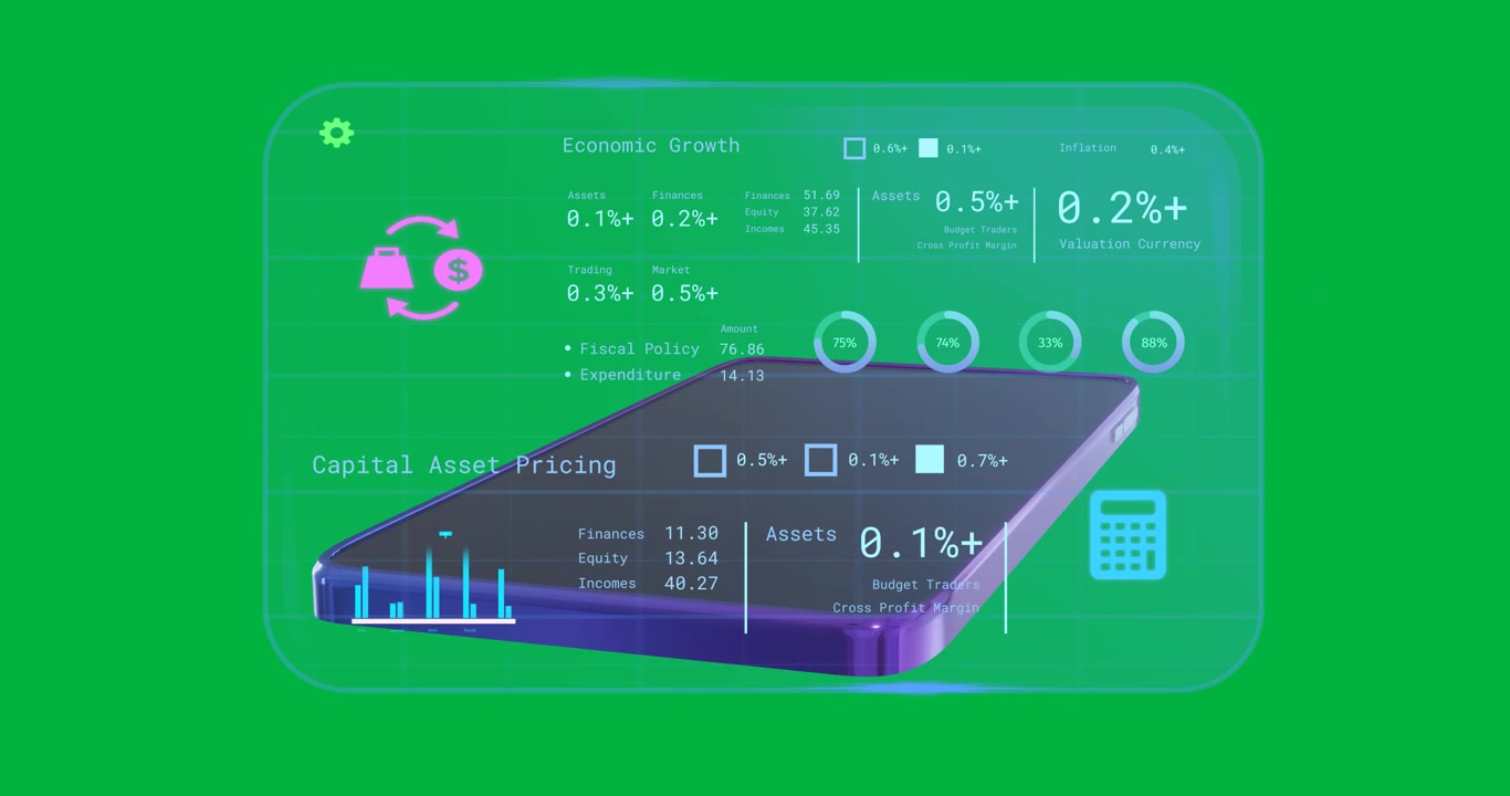 Animation of purple smartphone with blank screen, screen with data on transparent background