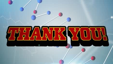 thank you text banner against chemical and dna structures floating against blue background