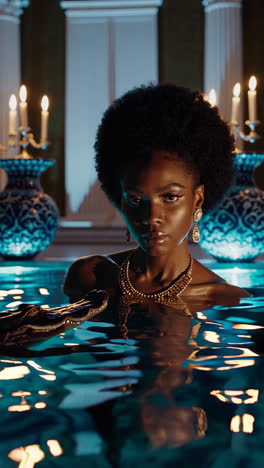 black woman in a pool with jewelry and snake