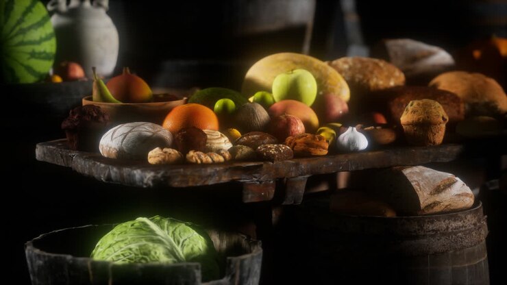 food table with wine barrels and some fruits, vegetables and bread