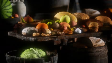 food-table-with-wine-barrels-and-some-fruits,-vegetables-and-bread