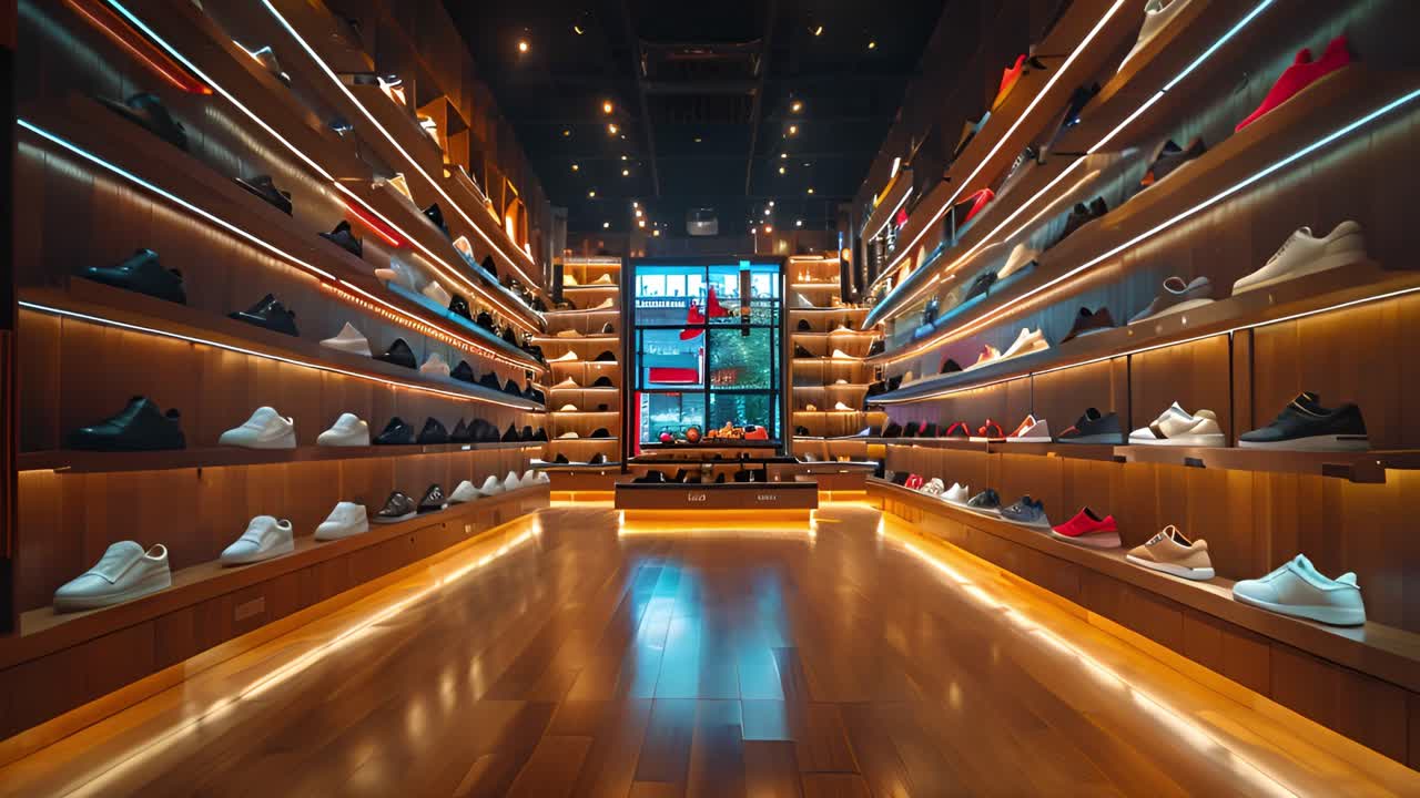 A well-lit, modern shoe store with numerous sneakers displayed on wooden shelves