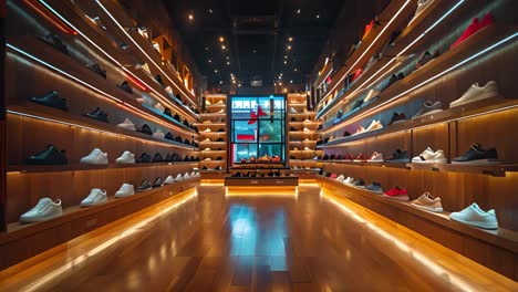 a well-lit, modern shoe store with numerous sneakers displayed on wooden shelves