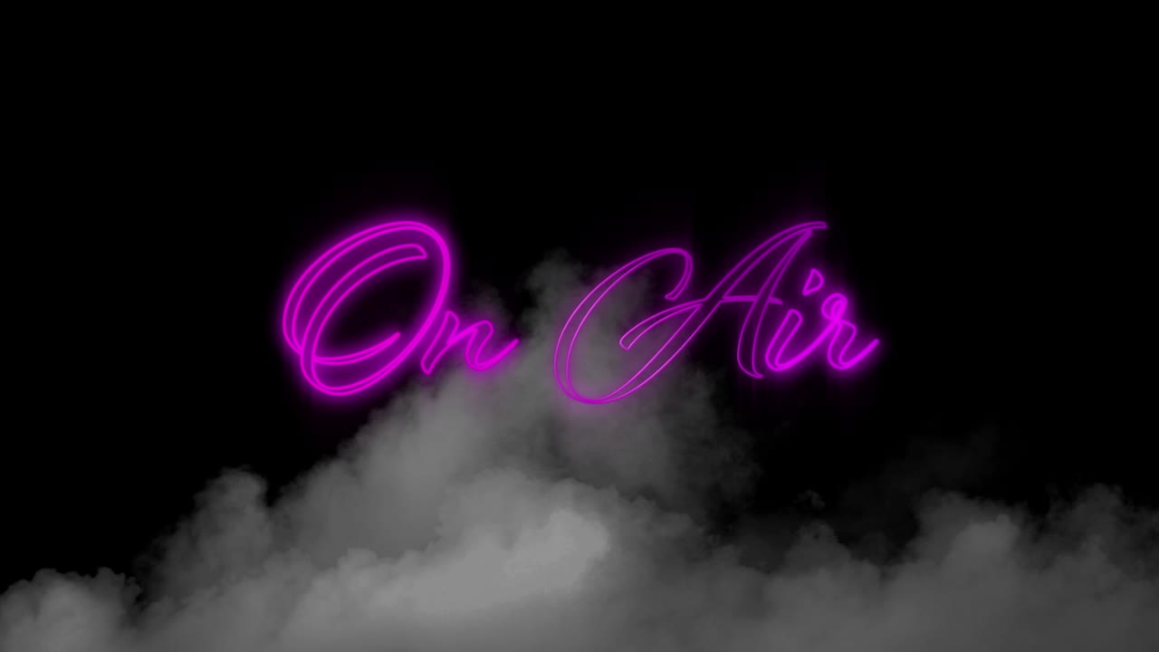 animación digital de neon púrpura en el aire signo de texto sobre efecto de humo contra fondo negro