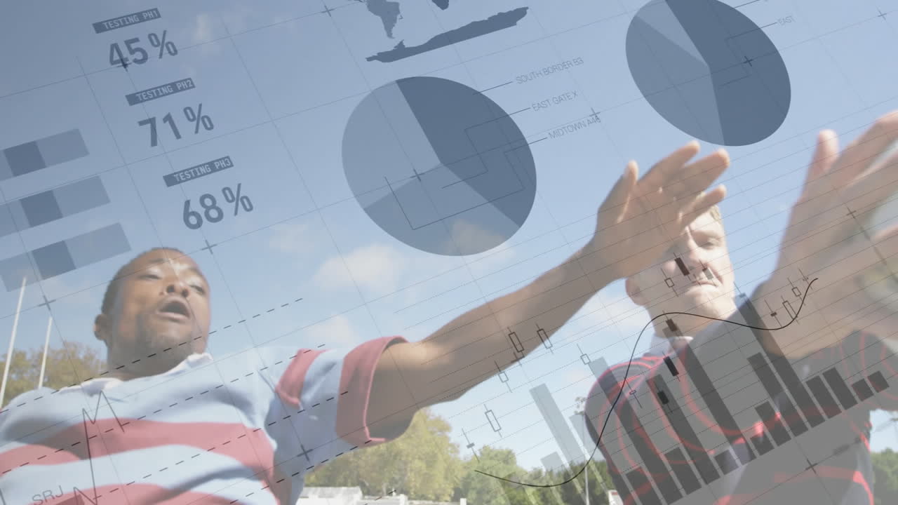 공원에서 야외에서 놀고 있는 다양한 어린이들에 대한 금융 데이터 차트를 애니메이션화합니다.