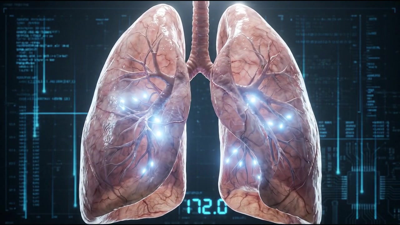 Animazione medica 3D dei polmoni umani con sovrapposizione di dati digitali