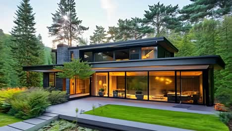 a modern house in the middle of a lush green forest