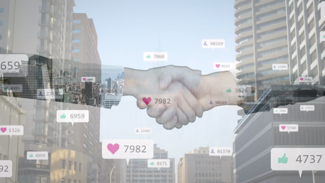 비즈니스맨과 비즈니스맨이 손을 흔들고 있는 중간 섹션 위에 증가하는 숫자를 가진 디지털 아이콘