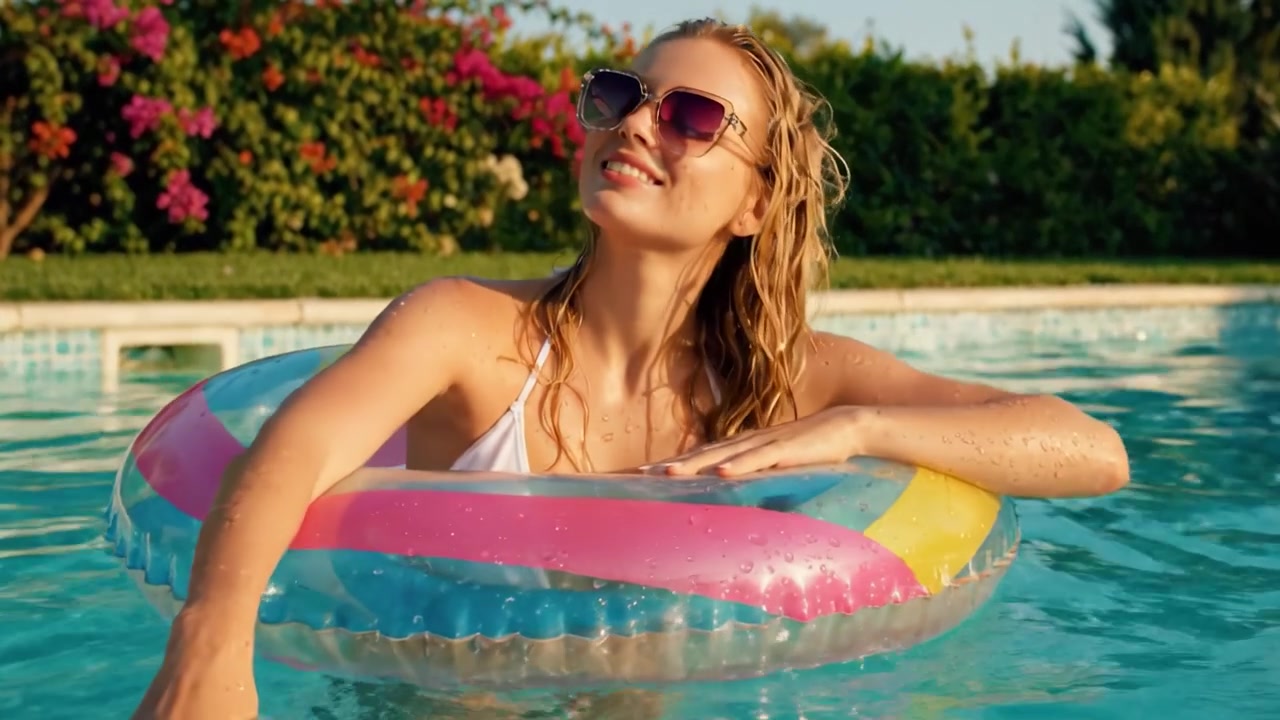 A Joyful Moment by the Pool: A Smiling Woman Enjoys the Refreshing Water while Relaxing on a Colorful Float Under the Bright Sunshine
