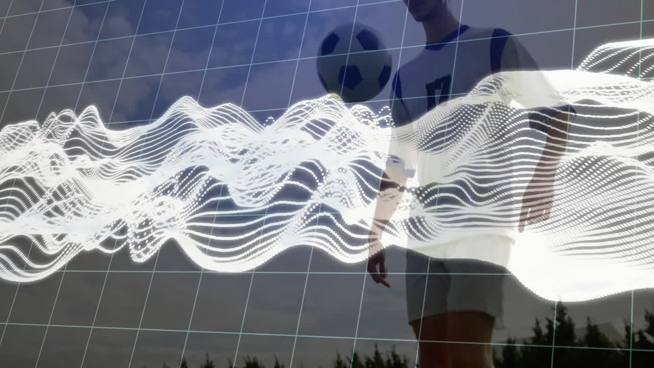 Juggling soccer ball, player with digital wave animation overlay on field