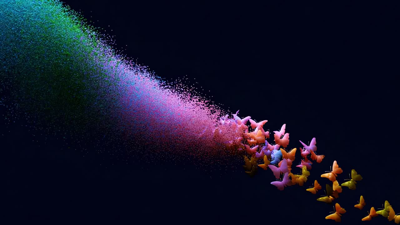 A Vibrant Array of Colorful Butterflies Emerging from a Stream of Multicolored Particles, Creating a Visual Symphony of Movement and Transformation in a Dark Background