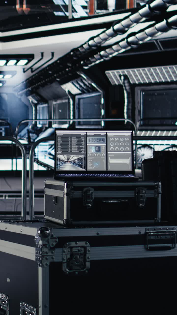 Vertical video Laptop inside high tech spaceship cockpit running data analysis of Mars