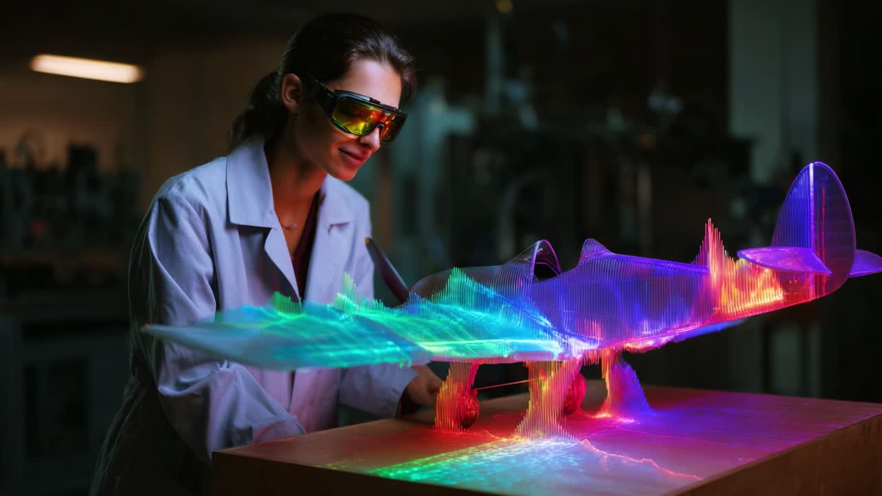 Innovative Researcher Demonstrating Advanced Optical Technology with Colorful Laser-Generated 3D Model of an Aircraft in a High-Tech Laboratory Environment