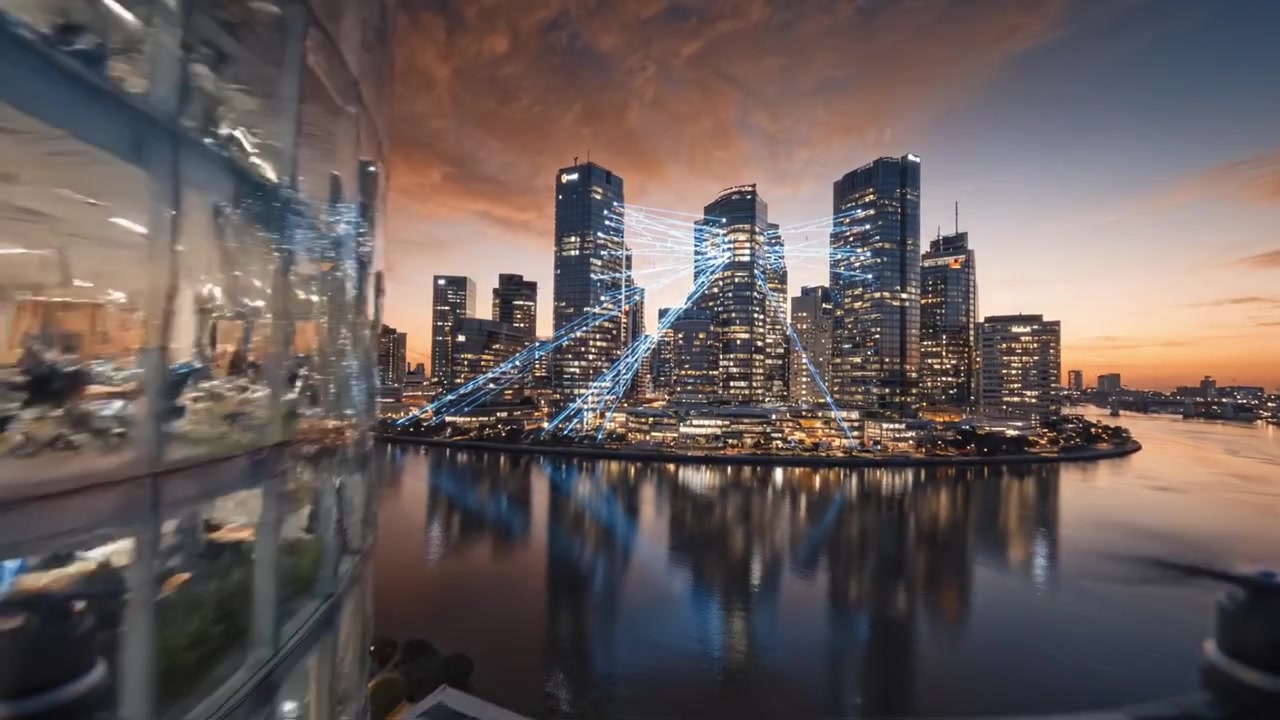 Impresionante horizonte urbano al atardecer: edificios iluminados reflejándose en aguas tranquilas con colores vibrantes y arquitectura moderna creando un hermoso paisaje urbano