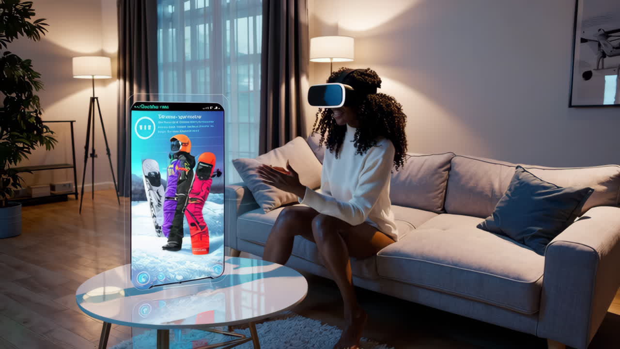 Woman in VR Headset Interacting with Holographic Display in Living Room
