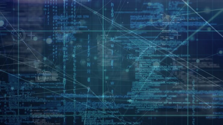 Animation of data processing, network of connections and grid