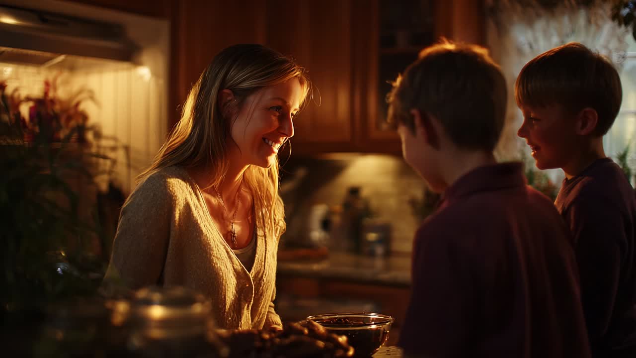 A Heartwarming Moment of Connection: A Smiling Woman Engages with Two Children in a Cozy Kitchen Setting, Exuding Warmth, Joy, and the Essence of Family and Togetherness During a Delightful Evening