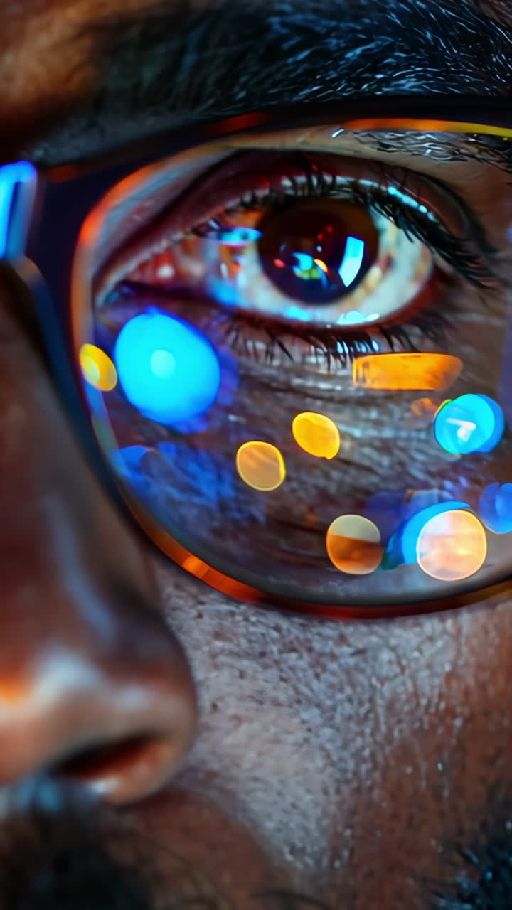 A man with glasses is looking at the camera. The image has a moody and mysterious feel to it, as the man's gaze seems to be focused on something beyond the frame Vertical video