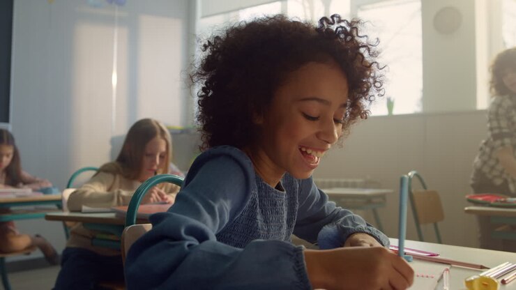 Menina escrevendo no caderno durante a aula. Aluna fazendo anotações no caderno.
