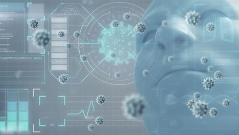 animación de las células del virus covid 19 y procesamiento digital de datos en el fondo gris