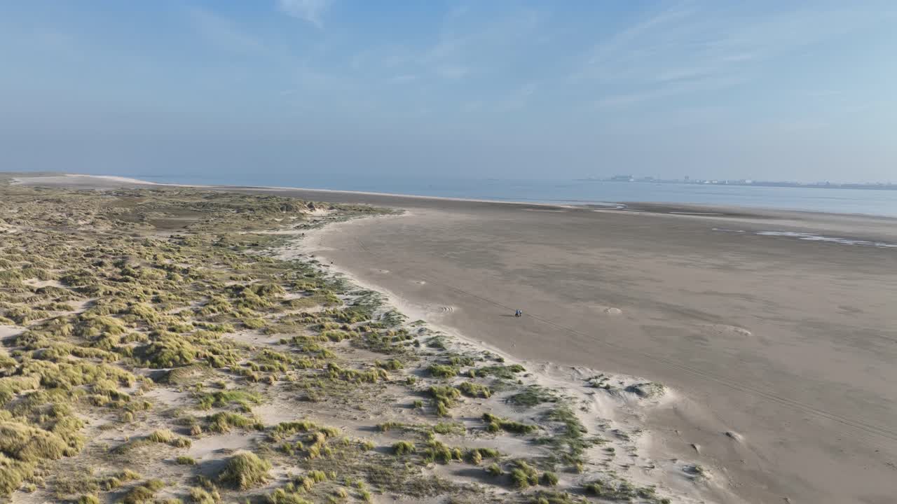 the dunes of Texel, Nature and sea in The Netherlands. Aerial drone video.