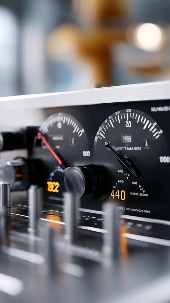 Szczegółowe zbliżenie deski rozdzielczej sprzętu Audio z analogowymi miernikami wskazującymi poziomy, pokrętłami i elementami sterującymi do precyzyjnego zarządzania dźwiękiem i jego Szybkiej edycji