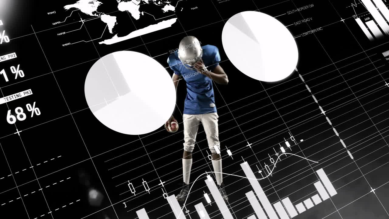 Animation of athlete in action with financial graphs and world map background