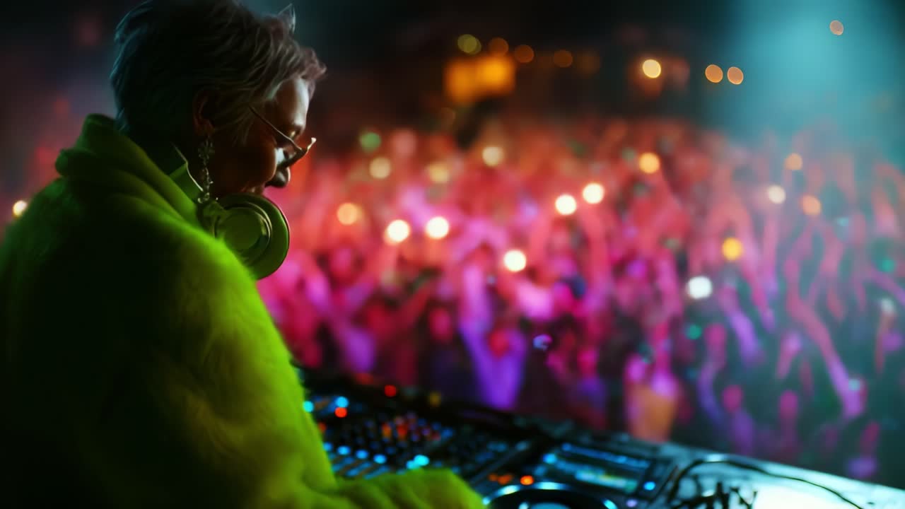 A DJ in a vibrant crowd captivates the audience with dynamic beats, creating a thrilling atmosphere filled with energy, color, and excitement at a lively music event